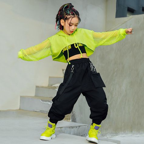 Jazz Costume Hip Hop Girls Clothing Green Tops Net Sleeve Black Hip Hop Pants for Kids Performance Hairstyles Dancers Hip Hop, Hip Hop Hairstyles Dancers, Hip Hop Outfits Dancers, Dance Crew Outfits, Hiphop Dance Outfit, Ropa Color Neon, Street Dance Outfit, Chica Hip Hop, Look Hip Hop