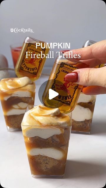 Cocktails (21+ to follow) on Instagram: "These Pumpkin Fireball Trifles are the perfect boozy dessert to enjoy this fall 🍂 Recipe inspired by: @delish  Pumpkin Cake: -1 box white cake mix -4 eggs -1/2 cup oil -1 (15 oz.) can pumpkin puree -1/4 cup sugar -1/4 cup water -1 tsp. each cinnamon & pumpkin pie spiceWhipped Cream: -6 oz. cream cheese, softened -3/4 cup powdered sugar -1.5 cups heavy cream -1/8 cup Fireball -1 tsp. cinnamon-caramel sauce -Fireball shooters" Pumpkin Fireball Trifles, Boozy Halloween Desserts, Fireball Cupcakes Recipe, Fireball Desserts, Fireball Shooters, Cup Appetizers For Party, Boozy Snacks, Camping Cocktails, Tailgate Drinks