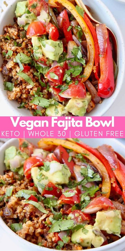 Quick and easy veggie fajitas are served with flavorful Mexican Cauliflower Rice and Chunky Avocado Salsa in this low carb vegan fajita bowl recipe! Each bowl contains just 16 net carbs, is gluten free and whole 30 approved! These healthy, vegetarian bowls are perfect for lunch, dinner or meal prep and made in just 35 minutes! Healthy Vegetarian Bowl Recipes, Vegan Recipes No Carb, Low Carb Fajita Bowl, Low Carb Vegetarian Lunch Ideas, Low Carb High Protein Meals Vegetarian, Vegetarian Ww Recipes, Low Carb Plant Based Recipes, Low Carb Vegan Meals, Raw Dinner Recipes