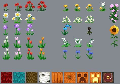 Minecraft Flower Texture Pack, Minecraft Flowers Pixel Art, Flower Pixel Art, Pixel Assets, Minecraft Plants, Minecraft Flowers, Minecraft Textures, Minecraft Items, Vanilla Minecraft