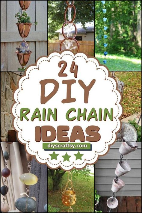 This is a list of 24 DIY Rain Chain Ideas that you can make at your home. Rain chains are really easy to DIY projects that can add a bit of style to your home. #diy #diycraft #diyrainchain #diydecor #diyrainchainideas Musical Rain Chain, Diy Rainchain Ideas, Pottery Rain Chain, Diy Outdoor Suncatcher, Rain Catcher Chain, Diy Rain Chain Dollar Stores, Rain Chimes Diy, Watering Can Wind Chime, Rainchains Diy