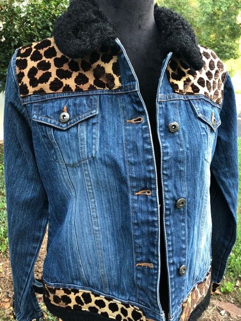 "Ok, this is a crazy jacket, but I love it! I would keep it if it was my size😆 Vintage Route 66 denim jacket with Faux fur trim reimagined with animal print fabric for a fun addition to your party/festival wardrobe🐆✨ medium size This is not a stretch denim, so I believe the medium label is true to size even though the measurements sound like a large 16\" Across shoulders 40\"Bust 40\" Waist" Blinged Out Denim Jacket, Decorating Jean Jackets Diy, Denim Jacket Upcycle Diy, Denim Jacket Diy Upcycling, Jean Jacket Diy Upcycling, Denim Upcycle Clothing, Diy Jacket Refashion, Upcycle Jean Jacket, Jean Jacket Diy