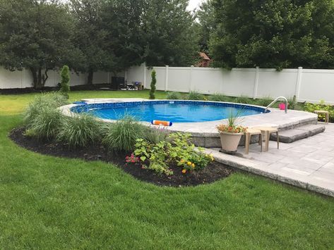 Buried Above Ground Pool Ideas, Round Inground Pool Ideas, Round Semi Inground Pool Ideas, Semi Inground Pool Ideas Backyards, Half In Ground Pool Ideas, Oval Semi Inground Pool, Buried Above Ground Pool, Partial Inground Pool Ideas, Semi In Ground Pool