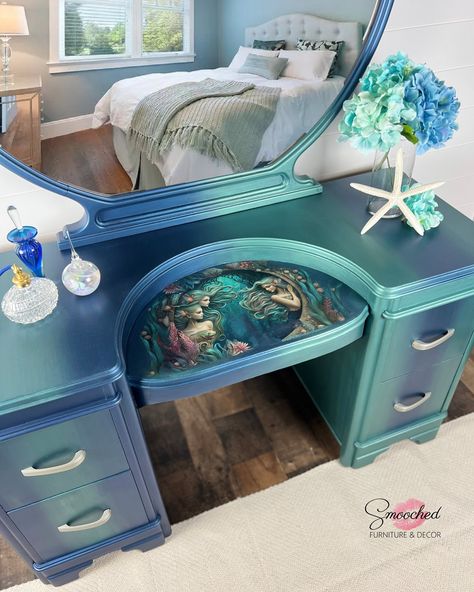 I call this the Mermaid Vanity! Karen commissioned this piece and I was so excited to see her ideas come to life. I think it loosely resembles a mermaid tail with this glorious metallic paint from @modernmastersinc .! This certainly challenged me at times, but I am so pleased with how it came out. Now I get to start is matching armoire!! More fun to come!! #metallicpaint #newhampshirefurniturerefurbishing #mermaidfurniture #mermaiddecoupage #newhampshirefurniture #newhampshirefurniture... Mermaid Vanity, Challenge Me, A Mermaid, Mermaid Tail, Life I, Metallic Paint, New Hampshire, So Excited, More Fun