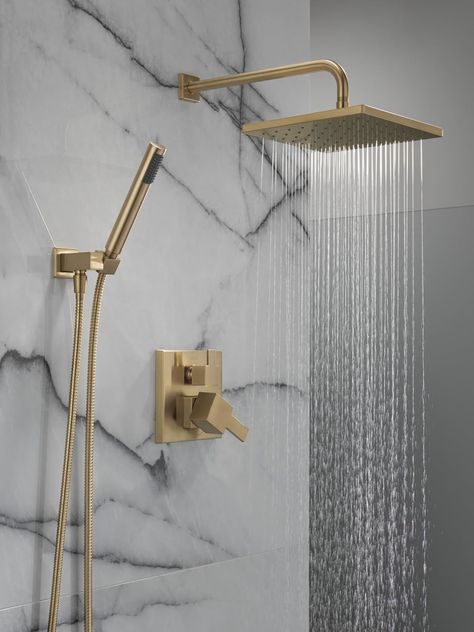 Modern Raincan Setting Square Shower System Including Rain Shower Head and Handheld Spray Gold Brizo Shower System, Shower Fixture Ideas, Shower Faucet Ideas, Delta Shower Fixtures, Gold Shower Fixtures, Brass Shower Fixtures, Inn Ideas, Bronze Shower Head, Shower System With Handheld