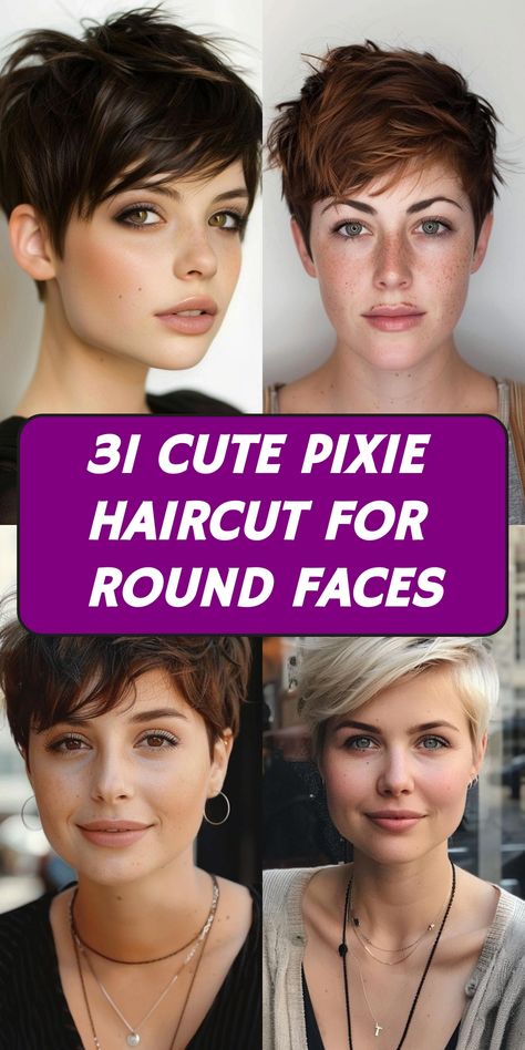 Discover 31 stunning pixie haircut styles tailored for round faces. Embrace your features with these chic, face-flattering looks that add dimension and structure. From textured crops to side-swept bangs, find the perfect short hairdo to enhance your natural beauty. Transform your appearance with a bold, trendy cut that's both low-maintenance and ultra-stylish. Famous Pixie Haircuts, Haircuts Short In Back Long On Sides, Very Short Haircuts For Round Faces, Short Hairstyle Women Growing Out, Short Hairstyles Fine Hair Round Face, Long Pixie Haircut Round Face, Pixie Haircut Low Maintenance, Pixie Haircut Front And Back Views, Pixie Haircut Without Bangs