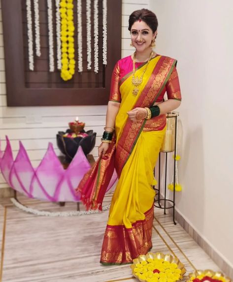 sridevi vijaykumar in yeelow silk saree for a puja Latest Kanchipuram Silk Sarees 2022, Sridevi Vijaykumar Saree, Vatpornima Saree Look, Saare Photoshoot, Traditional Saree Look For Pooja, Maharashtrian Saree Look Simple, New Silk Saree Collections, Silk Saree Look Traditional, Sridevi Vijaykumar