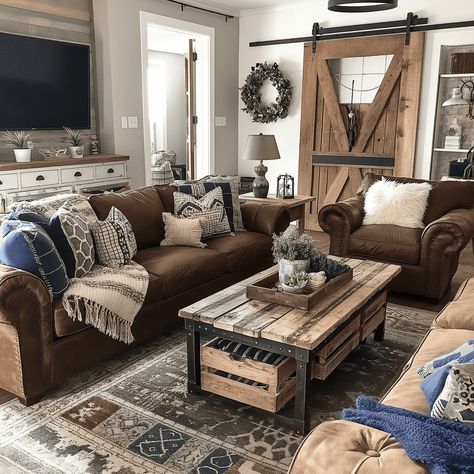 Warm Brown Rustic Living Room with Navy Accents [Room Concept] Navy Brown And Cream Living Room, Blue Gray Brown Living Room Decorating Ideas, Western Living Room Brown Couch, Navy And Brown Living Room Ideas, Brown Couch Farmhouse Living Room, Navy Farmhouse Living Room, Cognac And Blue Living Room, Navy Brown Living Room, Brown And Blue Living Room Ideas