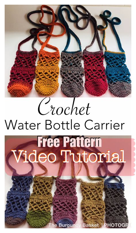 Crochet Water Bottle Carrier - The Burgundy Basket Crochet Big Water Bottle Holder, Crochet Hand Pattern Free, Free Crochet Patterns Bag, Crochet Water Bottle Holder Pattern Free, Crochet Crafts Free Patterns, Crochet Water Bottle Holder Pattern, Crochet Totes, Crochet Lanyard, Crochet Water Bottle