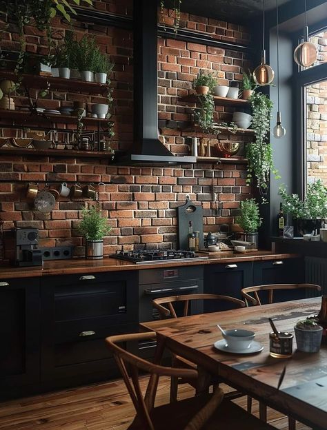 Kitchen With Dark Cabinets, Industrial Living Room Design, Log Home Interiors, Loft Kitchen, Industrial Style Kitchen, Open Plan Kitchen Living Room, Brick Kitchen, Pinterest Room Decor, Cabinetry Design