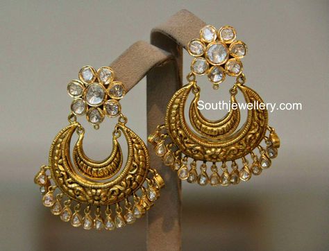 Polki Diamond Chandbali Earrings Diamond Chandbali Earrings, Diamond Chandbali, Gold Jumkas, Nakshi Jewellery, Designer Wedding Jewelry, Latest Jewellery Designs, Chand Bali, Antique Gold Earrings, Perhiasan India