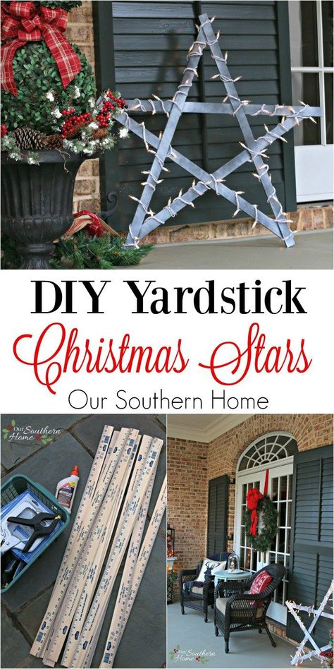 Simple DIY / Weathered yardstick stars by http://www.oursouthernhomesc.com Diy Christmas Star, Outdoor Christmas Diy, Star Christmas Lights, Christmas Lights Outside, Outside Christmas Decorations, Diy Christmas Lights, Christmas House Lights, Christmas Garlands, Christmas Stars