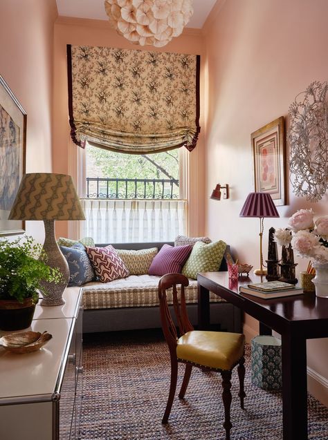 Comfy Office Space, Designer Window Treatments, Elegant Draperies, Floral Chair, Cafe Curtains, Upper East Side, Pink Room, Interior Design Firms, Daybed