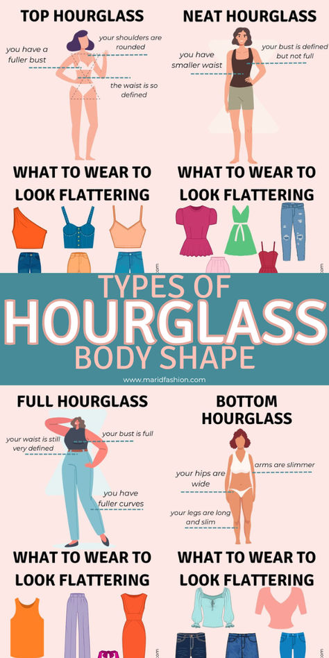 What are some of the most common types of hourglass figures? How you should dress for each type of hourglass body shape? What looks flattering on your body type? Answers to these and other questions are in this article. So check it out. Flattering Dress For Hourglass Shape, What To Wear For Your Body Type, Clothes For Hour Glass Shaped, Styling Body Types, Bottoms For Hourglass Shape, Styling For Body Types, Small Bust Hourglass Outfits, Clothing Styles For Hourglass Shape, Best Clothing For Hourglass Shape