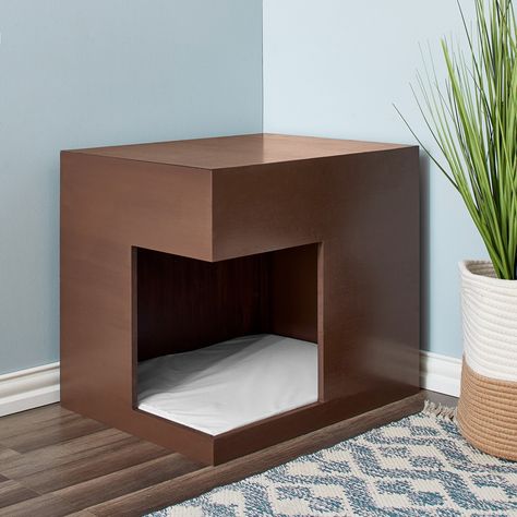 The Two by Two Boulder is a Furniture piece and Pet Bed that provides an enclosed “den” space for your cat or small dog to rest and relax after a long day or play with a Two by Two Cat Activity Toy. Strong wood construction and a durable bed (included) provides a comfy space for both cats and dogs. Soft wood colored enclosure with light gray colored bed will fit in with any home décor. Ships assembled. Can also be used as a small litter box cover. Dog House Furniture Indoor, Minimalist Cat Bed, Modern Cat Litter Boxes, Hidden Cat Litter Box Ideas Diy Small Spaces, Corner Litter Box Ideas, Hidden Dog Bed, Litter Box Area Ideas, Cat Area Ideas, Montana Apartment