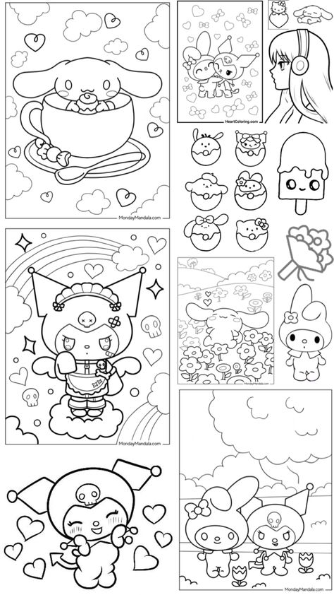 Kawaii coloringsheet. #kawaii#sanrio#cute#hellokitty#kitty#kuromi#cinnamoroll#bunny#melody#mymelody#anime#coloringbook#lineart My Melody And Kuromi Drawing, My Melody Doodle, Kuromi Doodle, Kuromi Drawing, Melody And Kuromi, Kuromi Cinnamoroll, Kawaii Sanrio, My Melody, Doodle Art