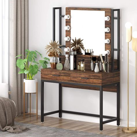 AmazonSmile: Tribesigns Vanity Table with Lighted Mirror, Makeup Vanity Dressing Table with 8 LED Lights and 2 Drawers, Vanity Dresser Desk for Women Girls, Rustic Brown: Furniture & Decor Classic Dressing Table, Dressing Table Decor, Makeup Dressing Table, Dressing Table Design, Make Up Desk Vanity, Lighted Mirror, Dressing Table Set, Dressing Table Mirror, Makeup Table