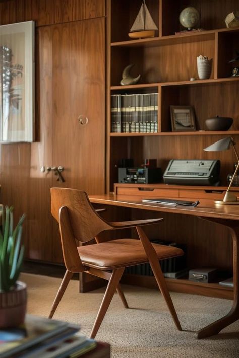 Creating My Ideal Mid-Century Modern Office Design Mid Century Modern Built In Desk, Mid Century Office Design, Mid Century Modern Office Design, Mad Men Office, Mcm Office, Retro Home Office, Retro Office Decor, Wfh Office, Iconic Furniture Design