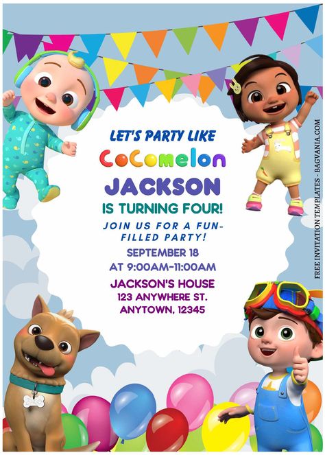 Cocomelon Invitation Template Editable, Cocomelon Invitation Template, Birthday Invitation Template Free Editable, Cocomelon Invitation, Coco Baby, Coco Melon, Birthday Invitation Card Template, Free Printable Invitations Templates, Free Printable Invitations