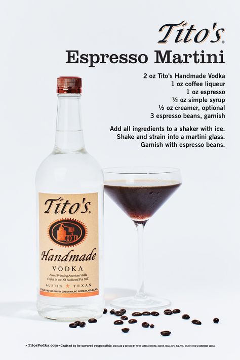 Recipe. A Tito's Handmade Vodka bottle is to the left of a Tito's Espresso Martini in front of a white background. Instructions for the cocktail are in black text. Coffee beans surround the bottle and cocktail. Espresso Shake, Expresso Martini, Mobile Cocktail Bar, Espresso Martini Recipe, Winter Foods, Cheers To That, Beans On Toast, Martini Bar, After Dinner Drinks