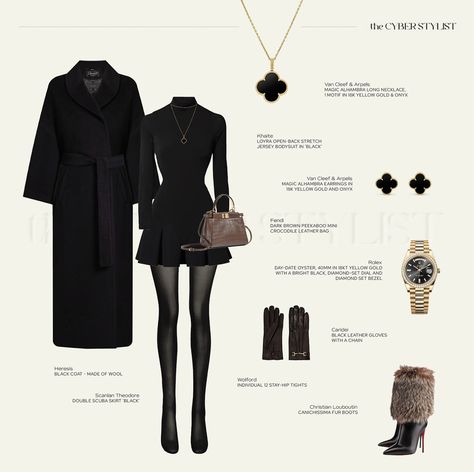 on a cold winter night — what do you think of this look? In this look: Coat: @heresis.it | Bodysuit: Khaite | Skirt: Scanlan Theodore… | Instagram Van Cleef Arpels Watch, Chic Black Outfits, Random Clothes, Scanlan Theodore, Outfit Styling, Professional Wear, Classy Work Outfits, Winter Night, Fancy Outfits