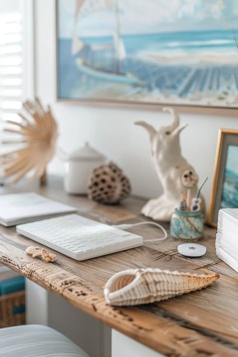 Coastal Office Ideas for a Serene Workspace Beach Office Decor Coastal Style, Coastal Office Ideas, Coastal Home Office, Coastal Office, Beach House Colors, Compact Furniture, Beach Office, Coastal Colors, Beach House Style