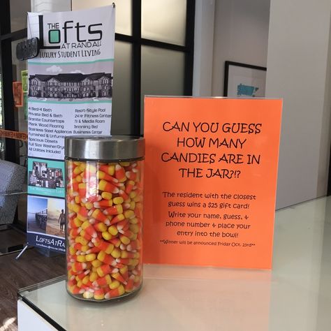 Need a fun fall contest? Candy Corn is way better to look at then eat (and also a cheap candy to buy in bulk)! Try filling a fun jar and having your residents or staff guess how  many there are! Student Council Thanksgiving Ideas, Halloween Office Events, How Many In A Jar Game, Resident Appreciation Week Ideas Apartments, October Employee Engagement, Fall Events For Residents, Candy Corn Guessing Jar, Guess The Candy Corn In The Jar, How Many Candy Corn In The Jar Game