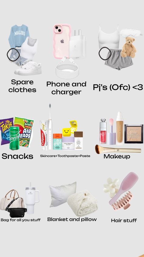 What to pack for a sleepover ❤️ Pack For A Sleepover, Sleepover Checklist, Sleepover Packing List, Sick Day Essentials, Summer Bag Essentials, Trip Essentials Packing Lists, Sleepover Essentials, Road Trip Bag, Road Trip Kit