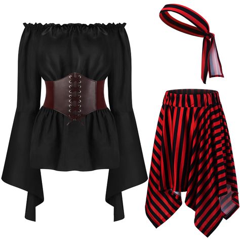 PRICES MAY VARY. Polyester Package Includes: you will receive 1 set of pirate costume women, including 1 piece of renaissance blouse top, 1 piece of tied corset waist belt, 1 piece of red and black striped pirate skirt, and 1 piece of stripes headscarf, which will meet your need of taking a party or cosplay Pirate Costumes for Women: themed of pirate, the clothes in the set are of the same style, which will meet your need to wearing like a pirate; Besides, you can wear the pirate costume togethe Womens Pirate Costume, Pirate Skirt, Pirate Blouse, Jack Sparrow Costume, Wench Costume, Pirate Costume Diy, Corset Waist Belt, Female Pirate Costume, Pirate Halloween Costumes