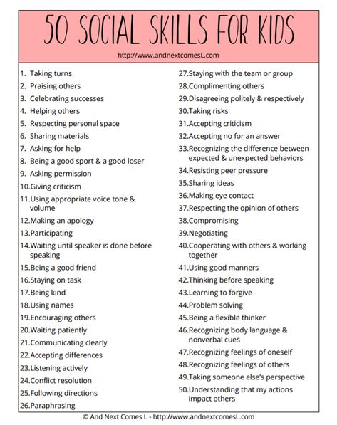 Free printable list of 50 social skills to teach kids from And Next Comes L Uppfostra Barn, Disiplin Anak, Skills For Kids, Social Skills For Kids, Social Skills Activities, Teaching Social Skills, Learning Tips, Mind Maps, Smart Parenting