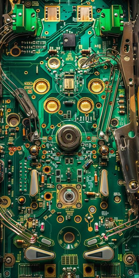 top view of a pinball game, flipper, Printed Circuit Board Assembly theme, PCB internals style, green and gold, technical elements, mechanical elements, electronic elements, electrical elements, chips, IC, disassembling mood, physical tech photography, DIY style, high resolution, pixel perfect, 8k, in the style of ifixit --v 6  --stylize 100 Mechanical Wallpaper, Circuit Board Wallpaper, Tech Photography, Electronics Wallpaper, Electronic Circuit Board, Green Computing, Cellphone Background, Pinball Game, Photography Diy