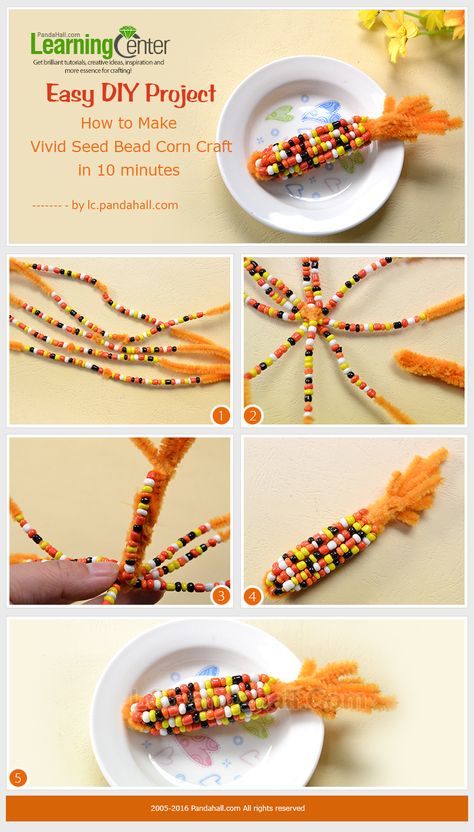 Easy DIY Project – How to Make Vivid Seed Bead Corn Craft in 10 minutes from LC.Pandahall.com Pony Bead Corn Cob, Class Fall Craft, Fall Diy Activities, Bead Pumpkin Craft, Pony Bead Corn Craft, Corn Beads Craft, Bead Corn Craft, Thanksgiving Bead Craft, Corn Diy Crafts