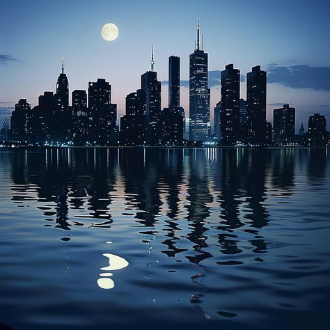 Moonlit Cityscape Reflection: A stunning city skyline under the glow of a full moon, beautifully reflected in tranquil waters. #city #moon #reflection #skyline #night #aiart #aiphoto #stockcake ⬇️ Download and 📝 Prompt 👉 https://stockcake.com/i/moonlit-cityscape-reflection_1049120_778278 City Lights Reflecting On Water, Cityscape Reflection, Artworks Ideas, Water At Night, Moonlight Reflection, Moon Reflection, Skyline Night, Night Reflection, Clear Night Sky