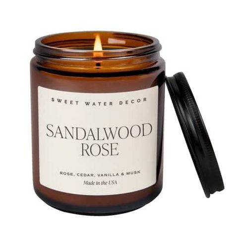 Sweet Water Decor Sandalwood Rose Soy Candle | Green, Leafy, Winey, Rose and Guaiac Wood Scented Candles for Home | 9oz Amber Jar + Metal Lid, 40+ Hour Burn Time, Made in the USA Pittsburgh Pensilvania, Water Decor, Salt Candle, Amber Jar Candle, Amber Candle, Sweet Water, Fruity Drinks, Floral Candle, Amber Jars