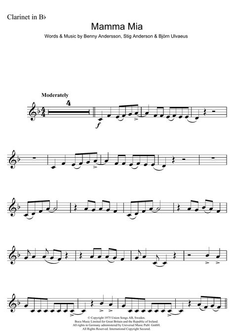 Mamma Mia Sheet Music | ABBA | Clarinet Solo Clarinet Tips, Sheet Music Clarinet, Music For Clarinet, Blank Sheet Music, Trumpet Sheet Music, Trumpet Music, Clarinet Music, Clarinet Sheet Music, Learn Violin