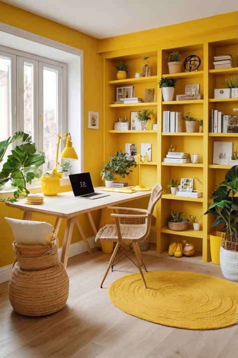 Bright Colorful Office, Home Office Colours, Yellow Office Decor, Home Office Bright, Mid Century Office Ideas, Bright Office Colors, Mustard Office, Colourful Home Office, Office Color Ideas