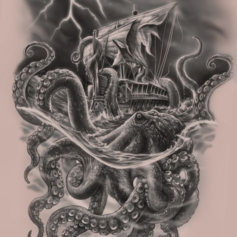 Kraken Taking Down Ship Tattoo, Kraken Shipwreck Tattoo, Kraken Back Tattoo, Sunken Ship Tattoo Shipwreck, Dark Nautical Tattoo, Kraken Attacking Ship Tattoo, Map Chest Tattoo, Ship Kraken Tattoo, Seaman Tattoo Design