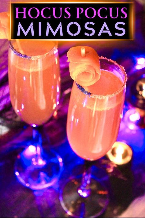 Mix up these easy sparkling Halloween mimosas to make an enchanting and boozy bubbling cocktail inspired by the whimsical Sanderson Sister witches from Disney’s Hocus Pocus Movie. #halloweencocktails #halloweendrinks #hocuspocusmoviedrinks #hocuspocusmimosa #hocuspocusdrink #hocuspocuscocktail #mimosa Pink Halloween Drink, Halloween Mimosa Bar, Halloween Mimosas, Movie Cocktails, Fall Mimosa, Sister Witches, Fun Halloween Drinks, Halloween Juice, Mimosa Cocktail