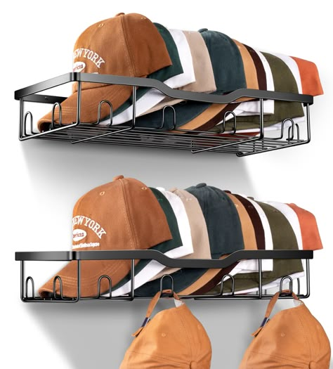 PRICES MAY VARY. Strong & Stable Structure: The baseball hat organizer is made of sturdy metal, stronger than other flimsy plastic single hat hangers in market, display your favorite caps well for long lasting and not easily damaged. Patent pending. Hold up to 40 Hats: The hat organizer for baseball caps fits 20 hats each, larger capacity with 2 packs enough for many kinds of hats including fitted hats, snapbacks, beanies and visors Caps Never Fall: With hat hooks on side, the hats can be placed Men’s Hat Storage Ideas, Hanging Baseball Hats On Wall, Wall Hat Storage, Boys Hat Storage, Hats Hung On Wall, Hat Closet Organization, Baseball Cap Organization, Hats Hanging On Wall, Beanie Storage Ideas