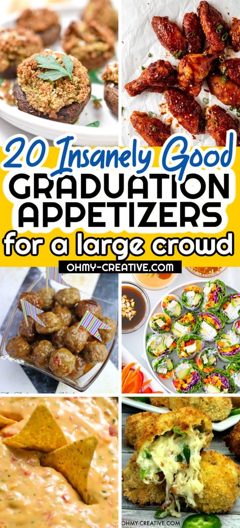 These Graduation Appetizers are easy to make for a crowd! Make delicious finger foods, dips and self-serve appetizers for your grad party! This Graduation Party Ideas: The Ultimate Guide will help with all your grad party planning! Open House Appetizer Ideas, Grad Party Finger Foods, Grad Party Appetizer Ideas, Grad Party Appetizers, Graduation Finger Food Ideas, Finger Foods For Graduation Party, Easy Grad Party Food, Graduation Appetizer Ideas, Graduation Appetizers