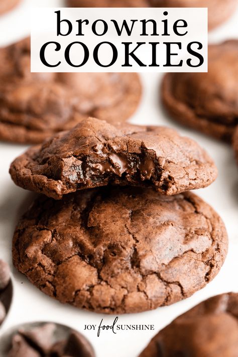 These chocolate brownie cookies have fudgy centers with shiny crackly tops - just like brownies but in cookie form! They're the perfect cookie recipe for serious chocolate lovers! Decadent Chocolate Brownie Cookies, Brownie Cookies From Scratch, Brownie Cookie Recipe, Cookie Basket, Fancy Baking, Thick Cookies, Cookie Recipes From Scratch, Mini Loaves, The Perfect Cookie