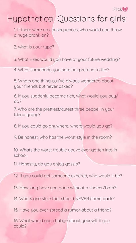 Fun questions for teen girls - Flick🎀 Questions For Girls, Q And A Questions, Hypothetical Questions, Fun Questions, Question Game, Deeper Conversation, How To Become Rich, Interesting Questions, Games For Girls