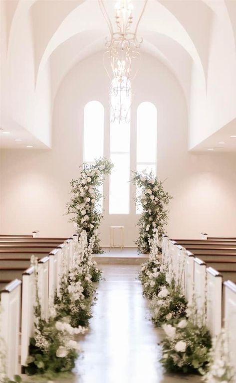 Simple Church Wedding, Wedding Church Decor, Church Wedding Decorations, White Wedding Theme, Wedding Aisle Decorations, Future Wedding Plans, Aisle Decor, Wedding Aisle, Church Decor