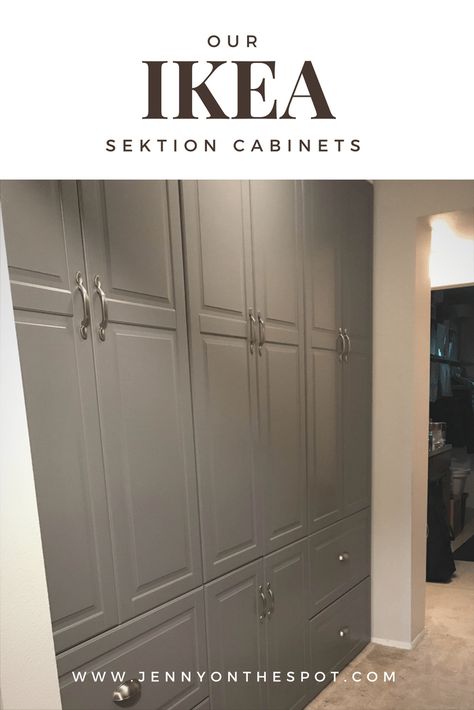 How we used Ikea SEKTION Cabinets in a hallway #home organization #homedecor #homedecorideas #ikea Ikea Mud Room, Hallway Transformation, Sektion Cabinets, Hallway Storage Cabinet, Ikea Sektion Cabinets, Hallway Cupboards, Ikea Pantry, Ikea Sektion, Ikea Hallway