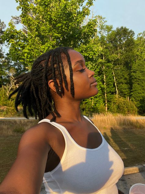 Black girl with medium locs in a ponytail Locs In A Ponytail, Locs Ponytail, Black Women Dreadlocks, Dreads Black Women, Short Dread Styles, Medium Locs, Female Dreads, Women With Dreadlocks, Dreads Styles For Women