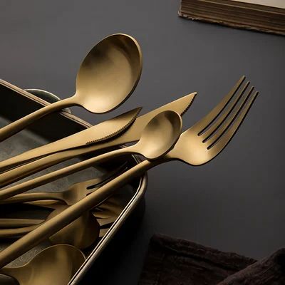 60-Pieces Stainless Steel Flatware Set in Brushed Gold, Service for 12 Gold Cutlery Table Setting, Gold Service, Luxury Cutlery, Gold Silverware, Gold Cutlery Set, Gold Cutlery, Gold Flatware, Fork Set, Matte Texture