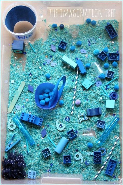 Giant colour-themed toddler sensory tub! Blue sensory bin would be perfect addition to learning about colours or ocean  / sea themed activities during summer. Preschool Color Activities, Sensory Tubs, Sensory Tub, Imagination Tree, Nursery Activities, Preschool Colors, Toddler Sensory, Sensory Boxes, Sensory Table