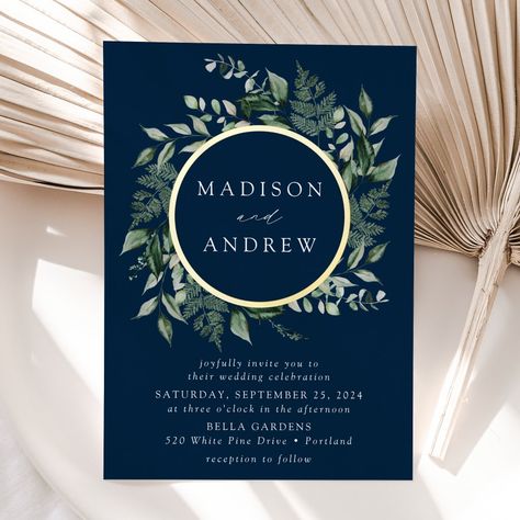 Abundant Greenery Wreath Navy Wedding Gold Foil Invitation Dark Green Wedding Invitations, Greenery Wreath Wedding, Agate Wedding, Gold Foil Wedding Invitations, Gold Foil Invitation, Emerald Green Weddings, Botanical Wedding Invitations, Gold Foil Wedding, Green Wedding Invitations