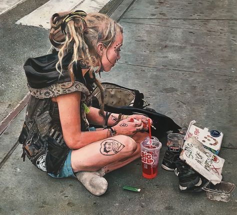 this is an oil painting of a homeless girl from New York Homelessness Art, Gutter Punk, Punk Culture, Crust Punk, Homeless People, Documentary Photography, Grunge Hair, Saatchi Art, Documentaries