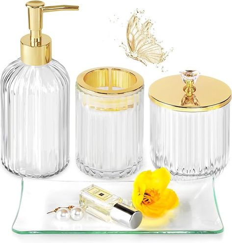 Amazon.com: Jenseits Pink Bathroom Accessories Set, 4 Pcs Glass Bathroom Accessory Sets, Soap Dispenser, Toothbrush Holder, Qtip Holder, Vanity Tray, Housewarming Dorm Apartment Decor Home Essentials Gift For Her : Home & Kitchen Light Green Bathroom Decor, Practical Bathroom, Glass Bathroom Accessories, Gold Bathroom Decor, Gold Bathroom Accessories, Bathroom Stuff, Bathroom Accessories Set, Toothbrush Holders, Bathroom Tray